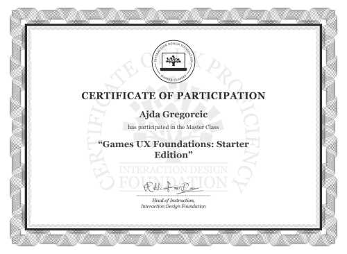 Ajda Gregorcic’s Masterclass Certificate: Games UX Foundations: Starter Edition