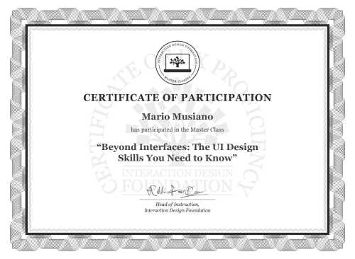 Mario Musiano’s Masterclass Certificate: Beyond Interfaces: The UI Design Skills You Need to Know